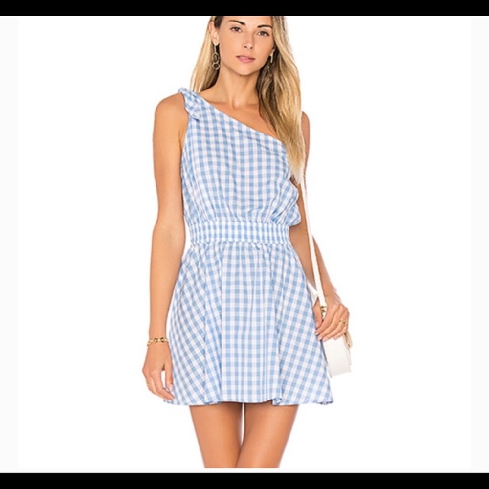 NWT L’Academie BluWhite Gingham 1 shoulder Medium